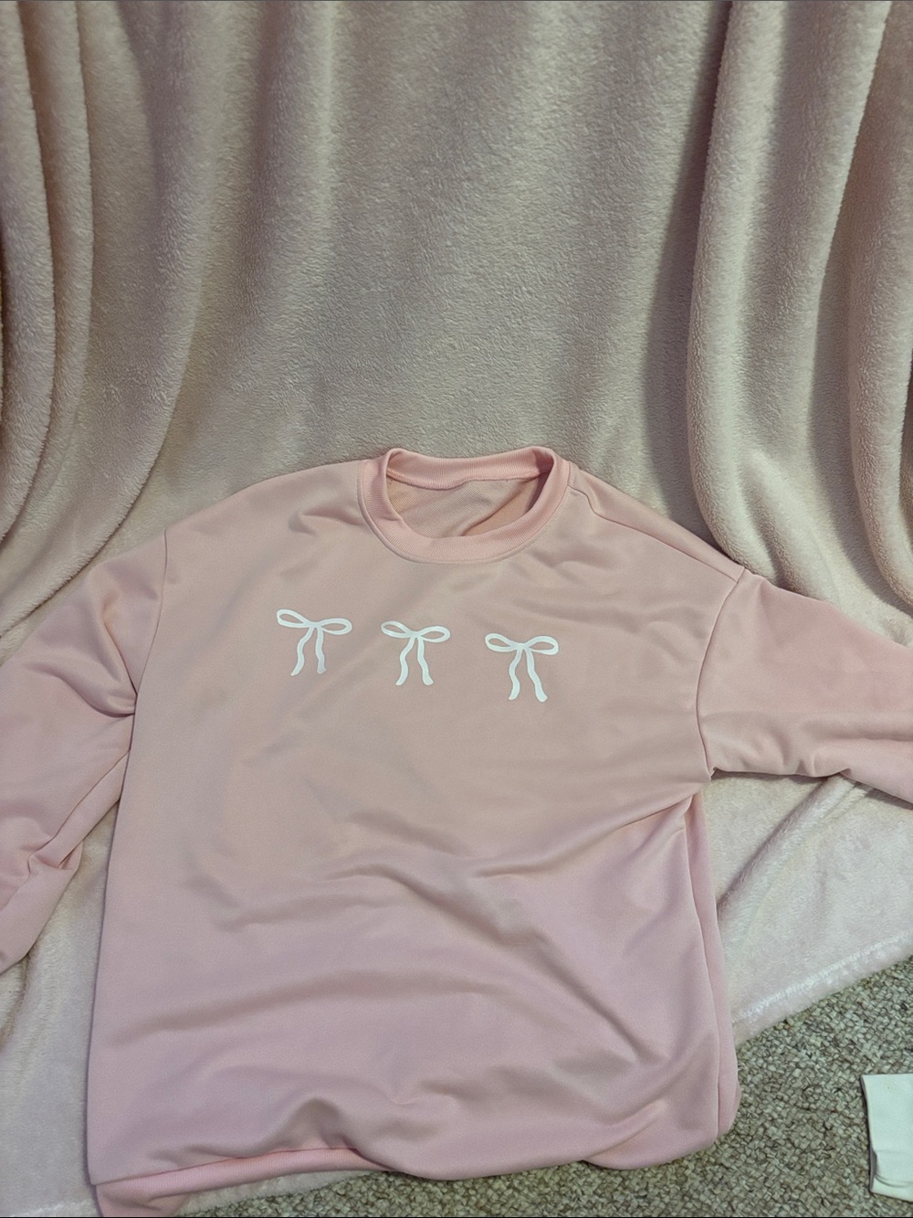Amazon Pink Crewneck Sweater with White Bow Accents
